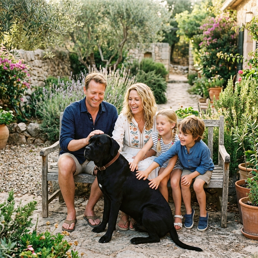 Familia en entorno exterior con su ejemplar de Cane Corso