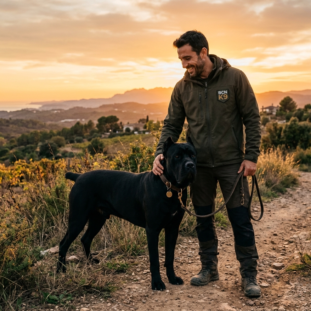 Adiestrador con su Cane Corso en el campo